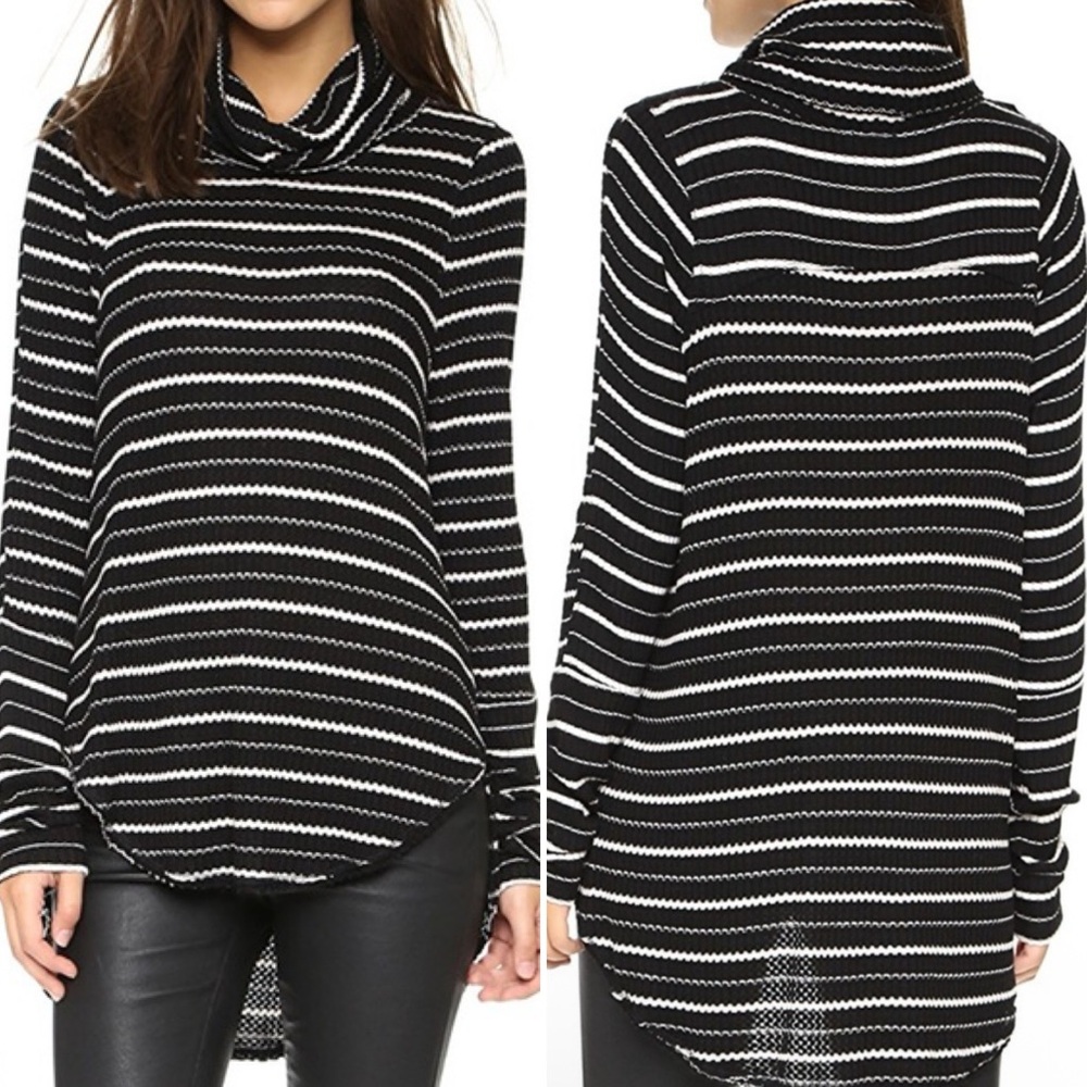 Free People Kristina Drippy Striped Cowl Neck Tunic Top Small black white‎ boho